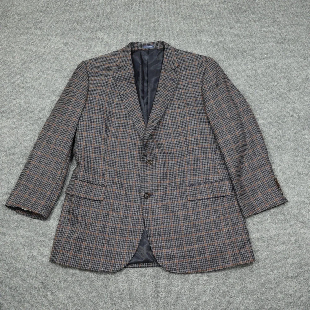 Stafford Sport Coat Mens 46 Long Blue Brown Houndstooth Merino Wool Classic Fit